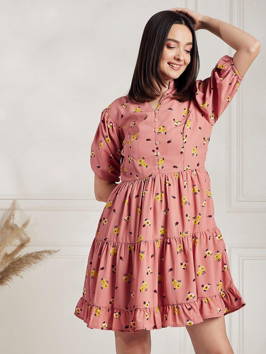 carlton london floral printed mandarin collared tiered puff sleeve crepe a-line dress