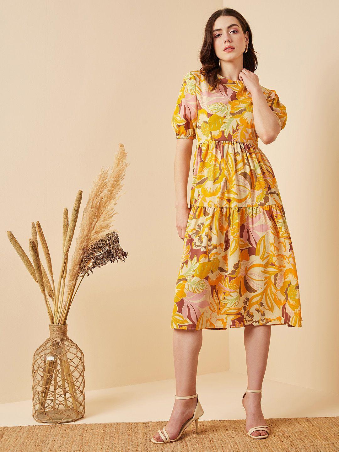 carlton london floral printed puff sleeve gathered tiered fit & flare dress