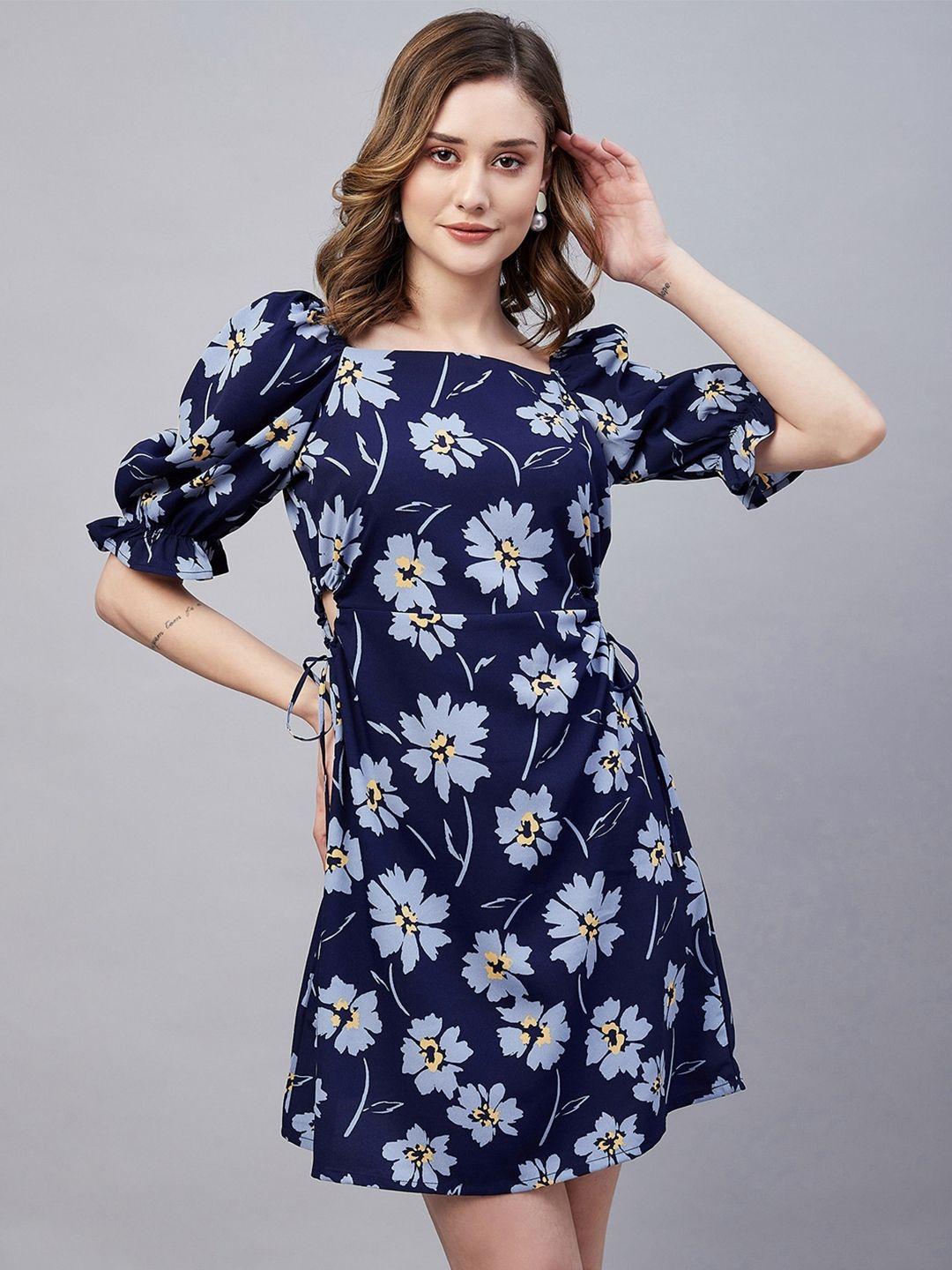 carlton london floral printed puff sleeve ruched tie up georgette a-line dress