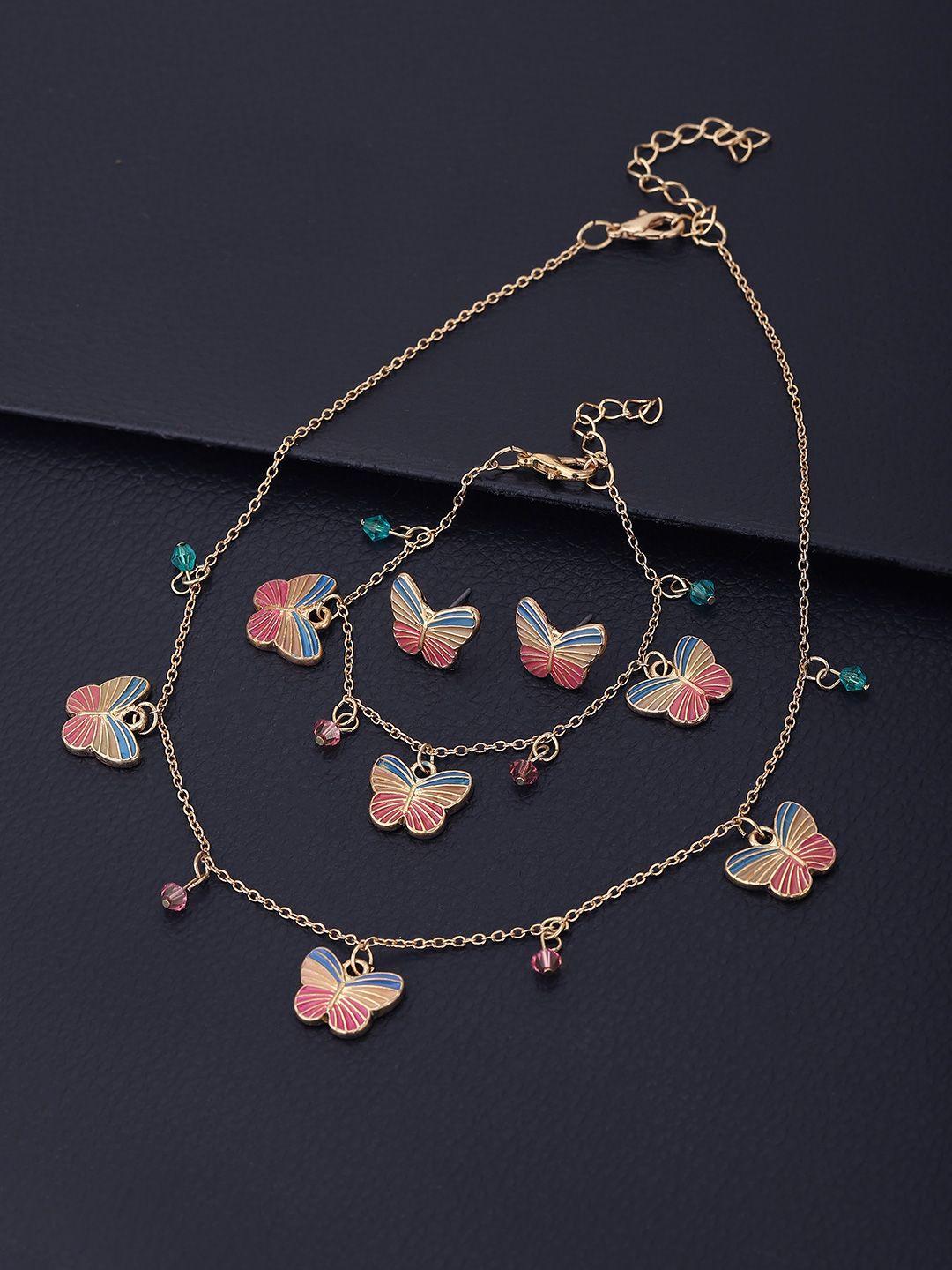 carlton london girls gold-plated pink & turquoise blue jewellery set
