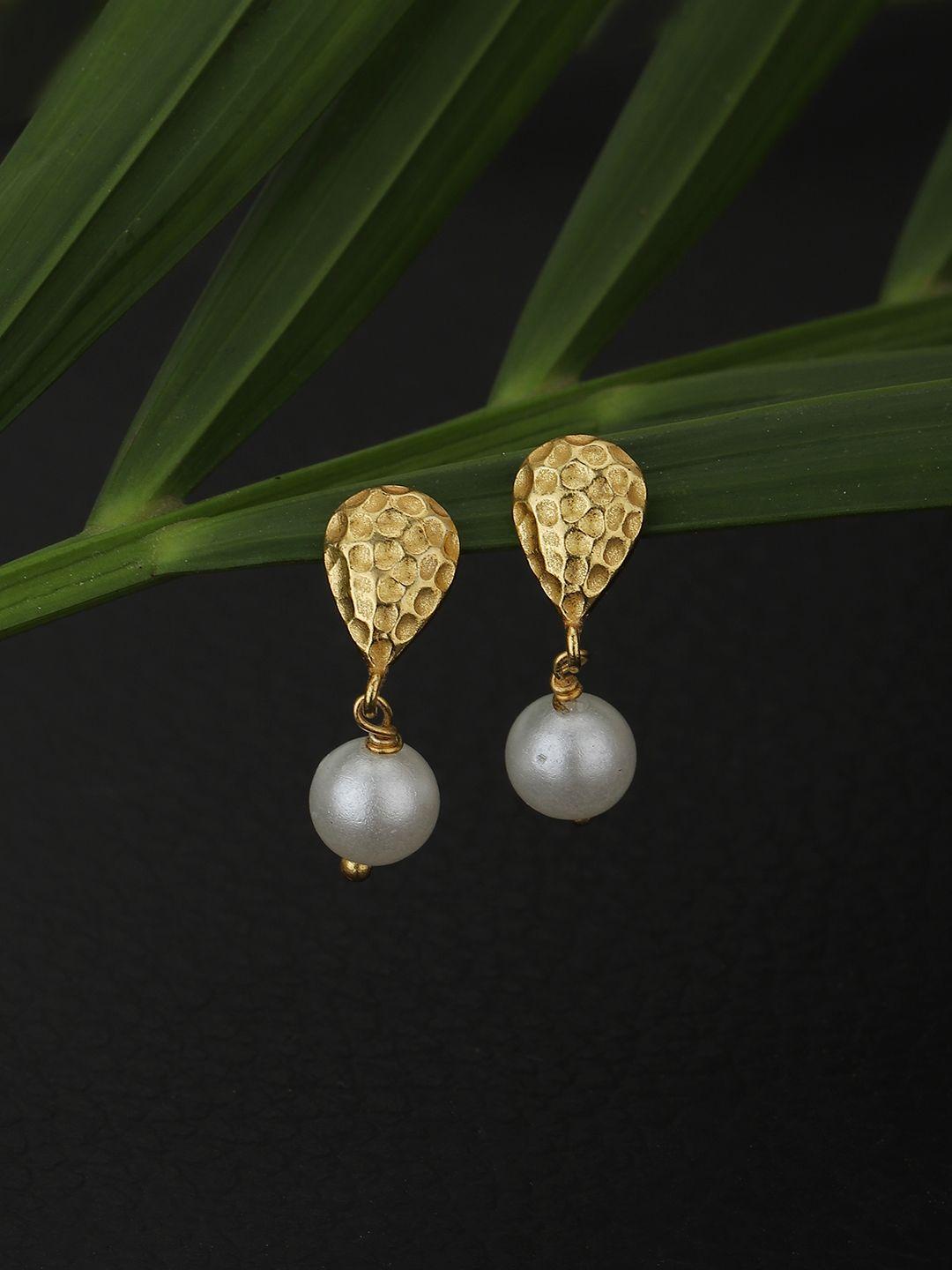 carlton london gold-plated white pearls embellished teardrop shaped drop earrings