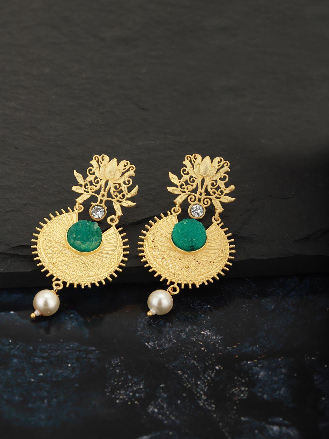 carlton london green gold-plated stone-studded handcrafted textured classic drop earrings