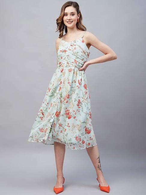 carlton london light green floral print fit & flare dress