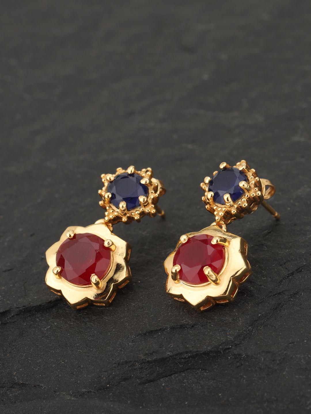 carlton london maroon & navy blue gold-plated stone-studded floral drop earrings