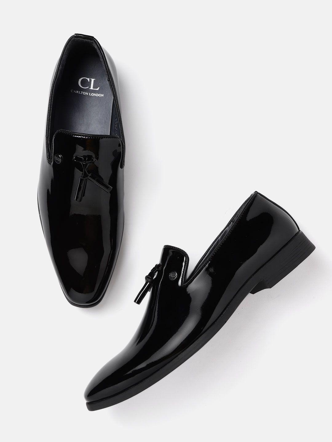 carlton london men black glossy solid partywear tasselled loafers