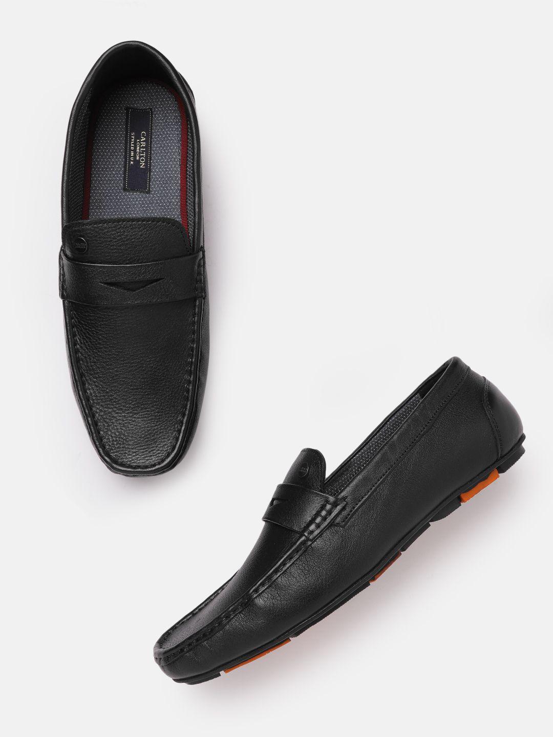 carlton london men black solid leather formal loafers