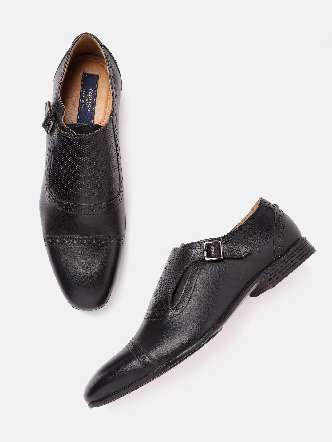 carlton london men black textured formal monk shoes