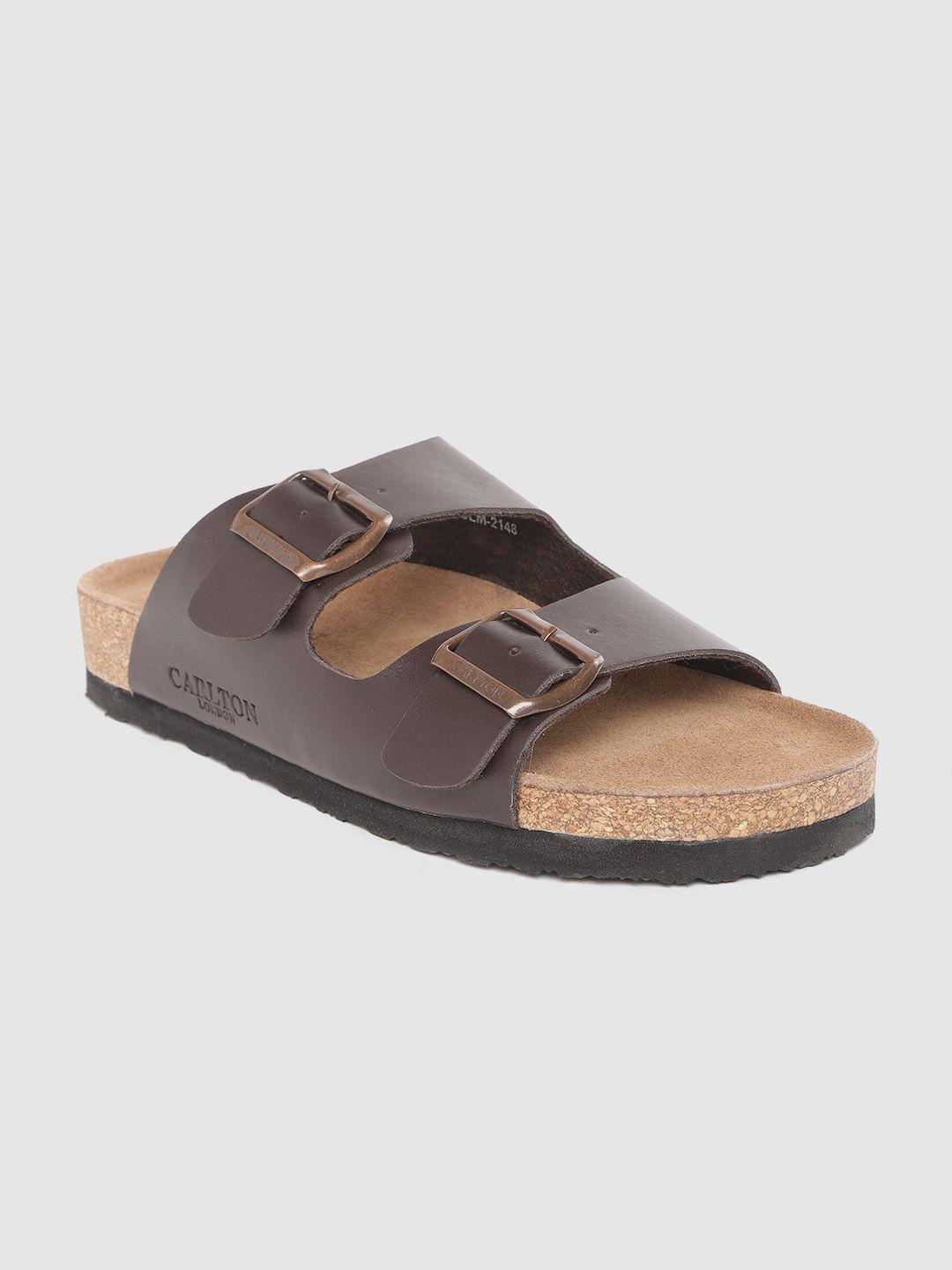 carlton london men coffee brown solid comfort sandals with cut-out & buckle detail