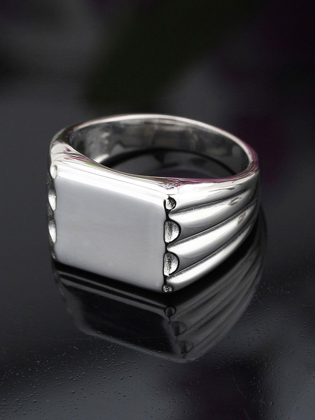 carlton london men silver-toned rhodium-plated textured finger ring
