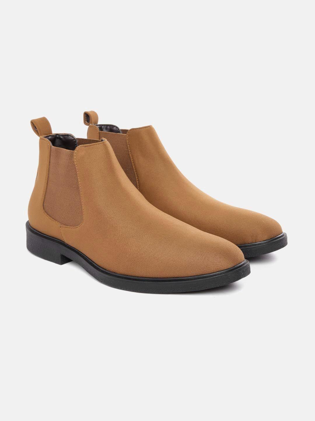 carlton london men tan brown solid mid-top flat chelsea boots