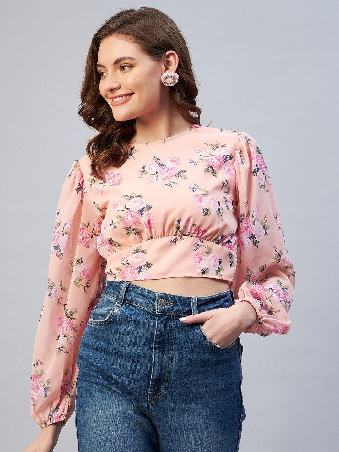 carlton london peach-coloured floral print georgette blouson crop top