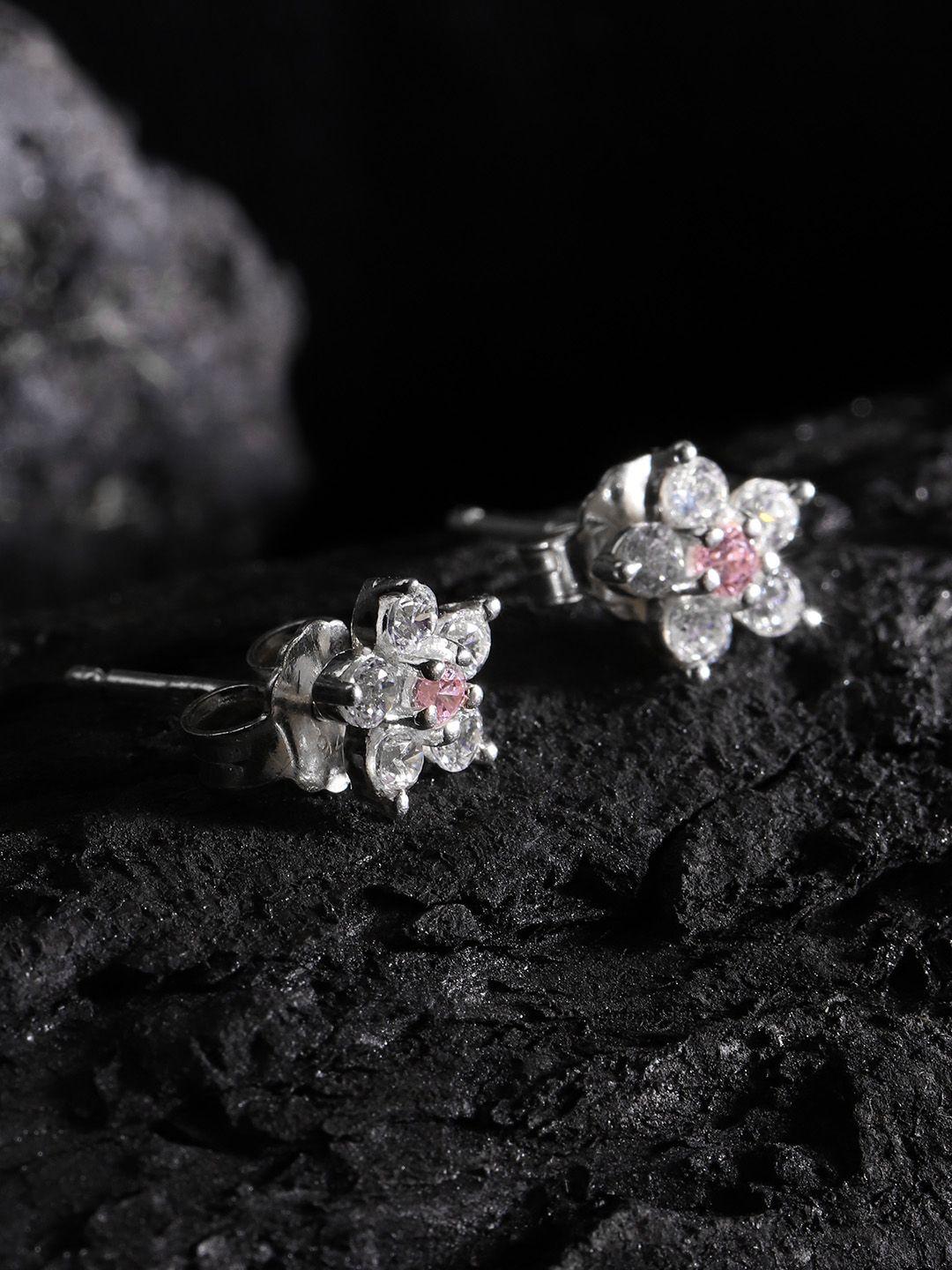 carlton london pink 925 sterling silver stone-studded floral studs