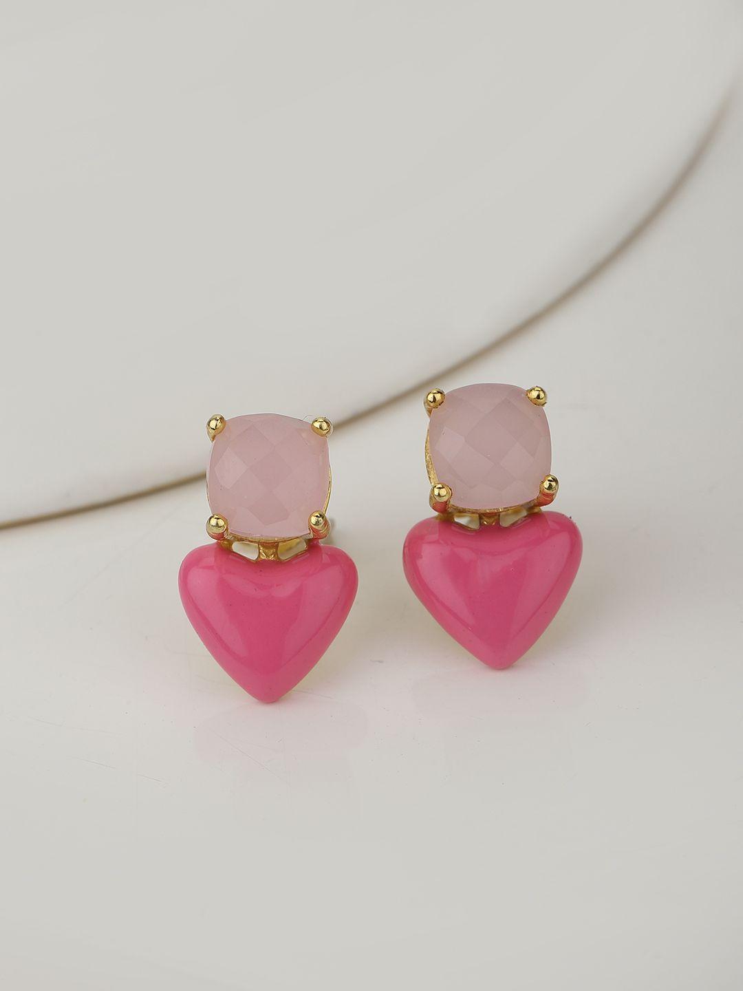carlton london pink enamelled heart shaped quartz studs