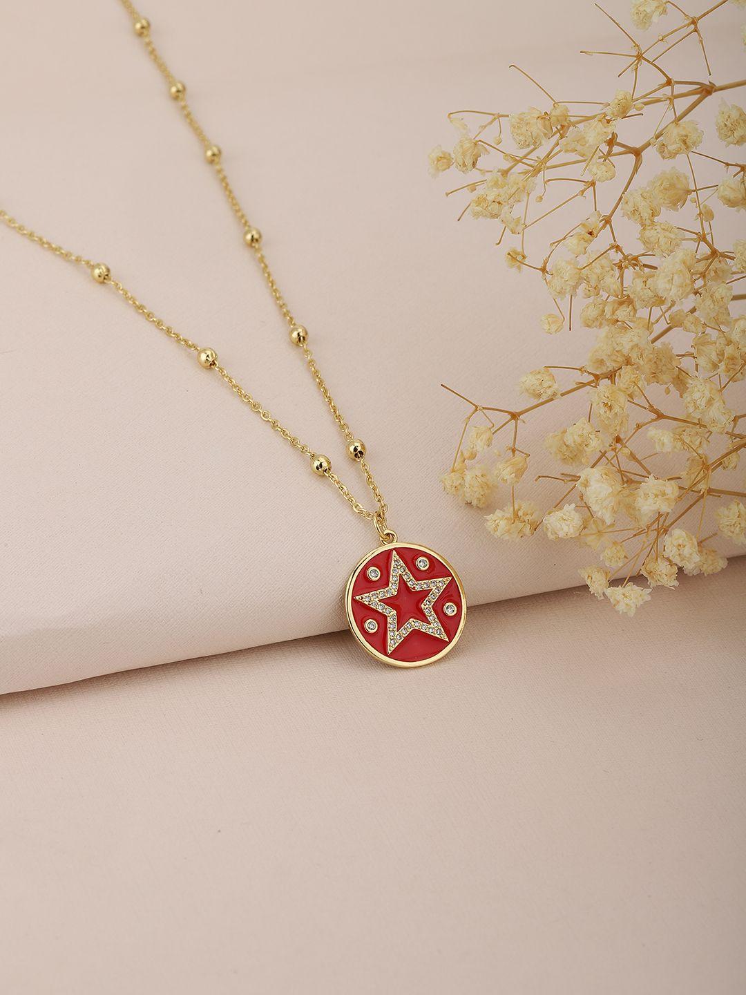 carlton london red gold-plated cz-studded star-shaped enamelled necklace