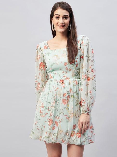 carlton london sea green floral print fit & flare dress