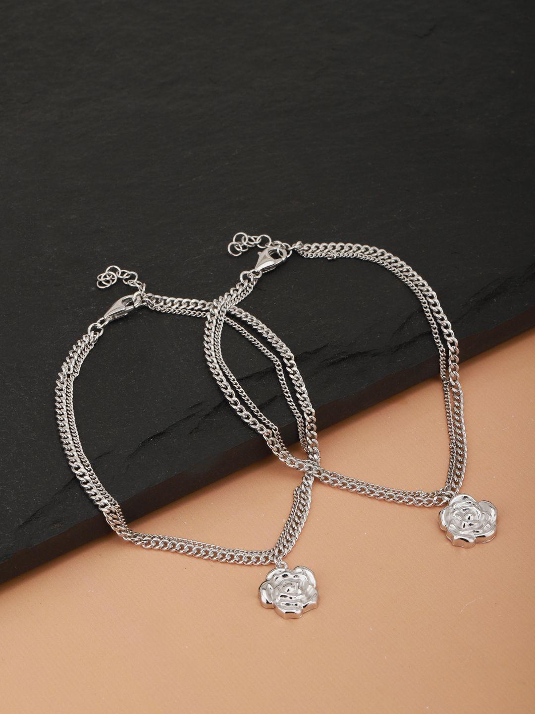 carlton london set of 2 silver-toned rhodium-plated floral-shaped layered anklets