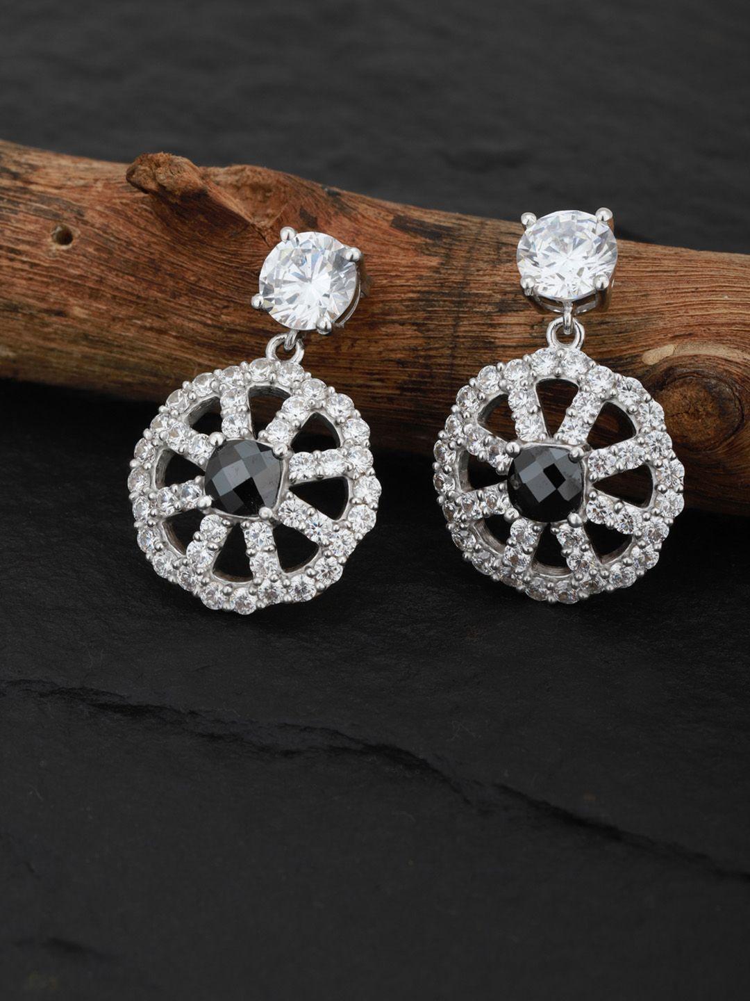 carlton london silver-toned & black rhodium-plated cz-studded handcrafted drop earrings