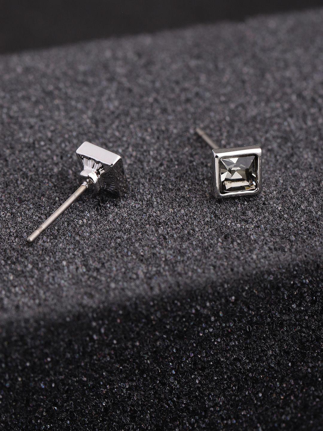 carlton london silver-toned & charcoal grey stone studded square studs