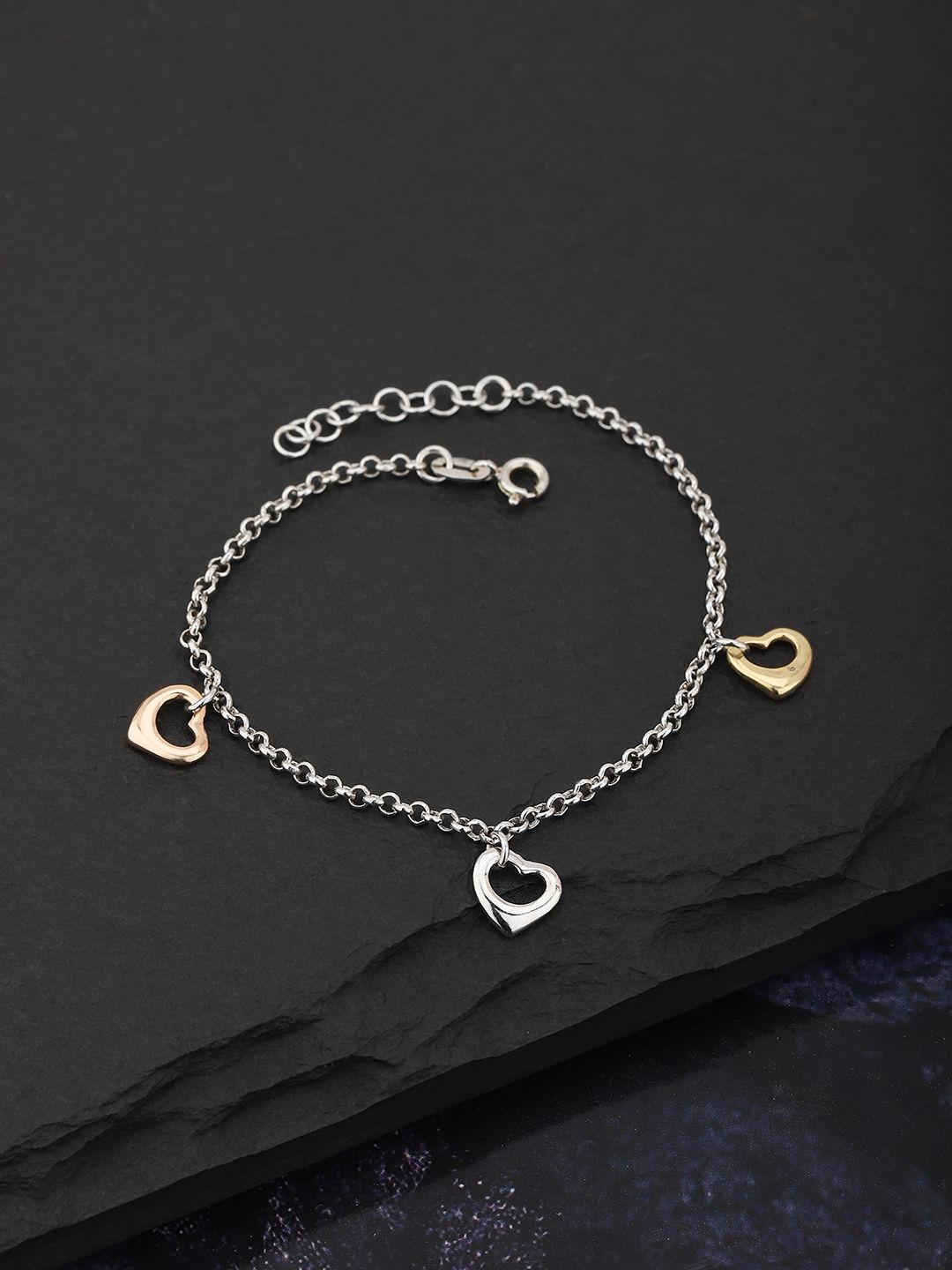 carlton london silver-toned & gold-toned rhodium-plated heart-shaped charm bracelet