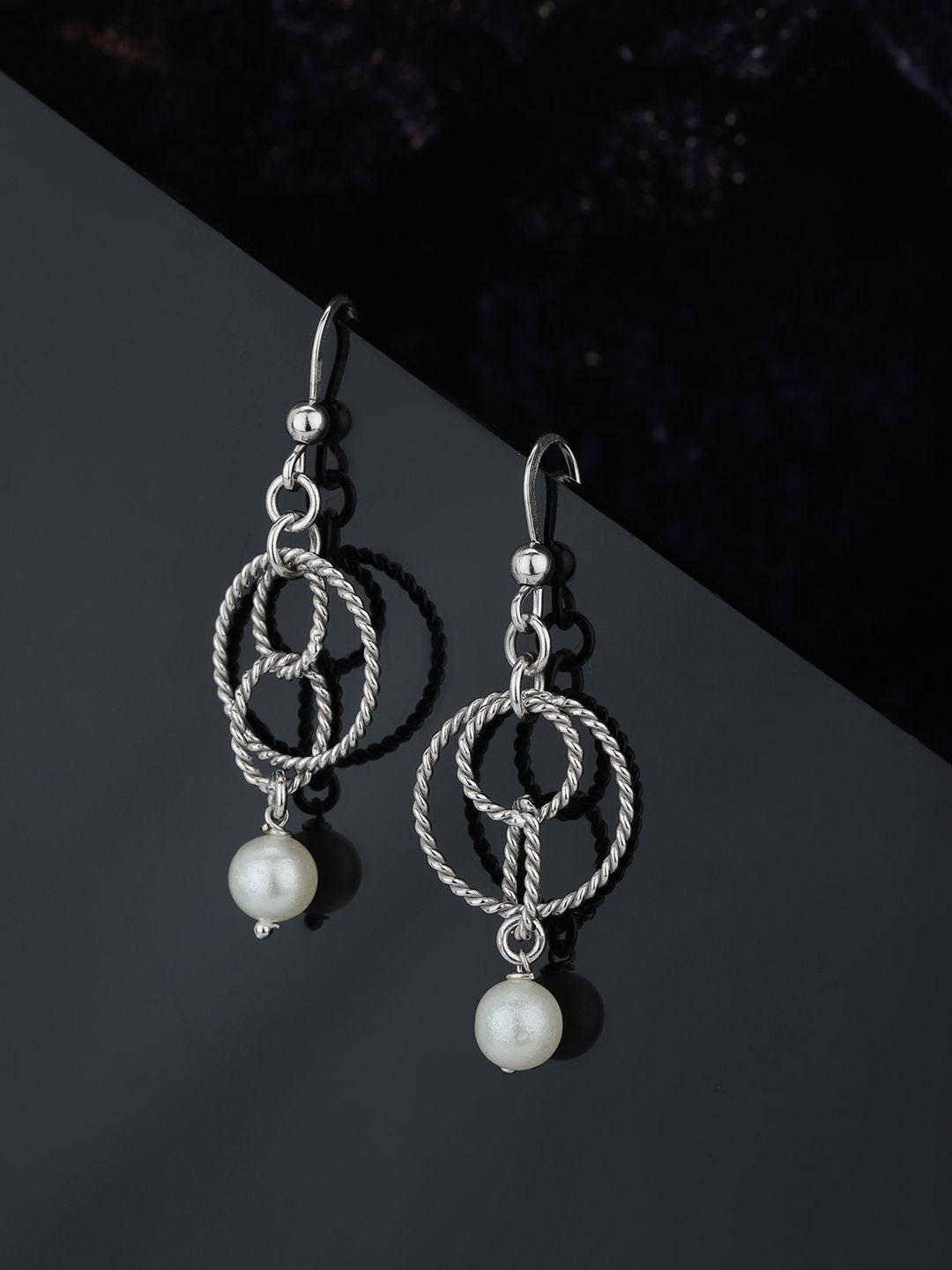 carlton london silver-toned & off-white rhodium-plated beaded circular drop earrings