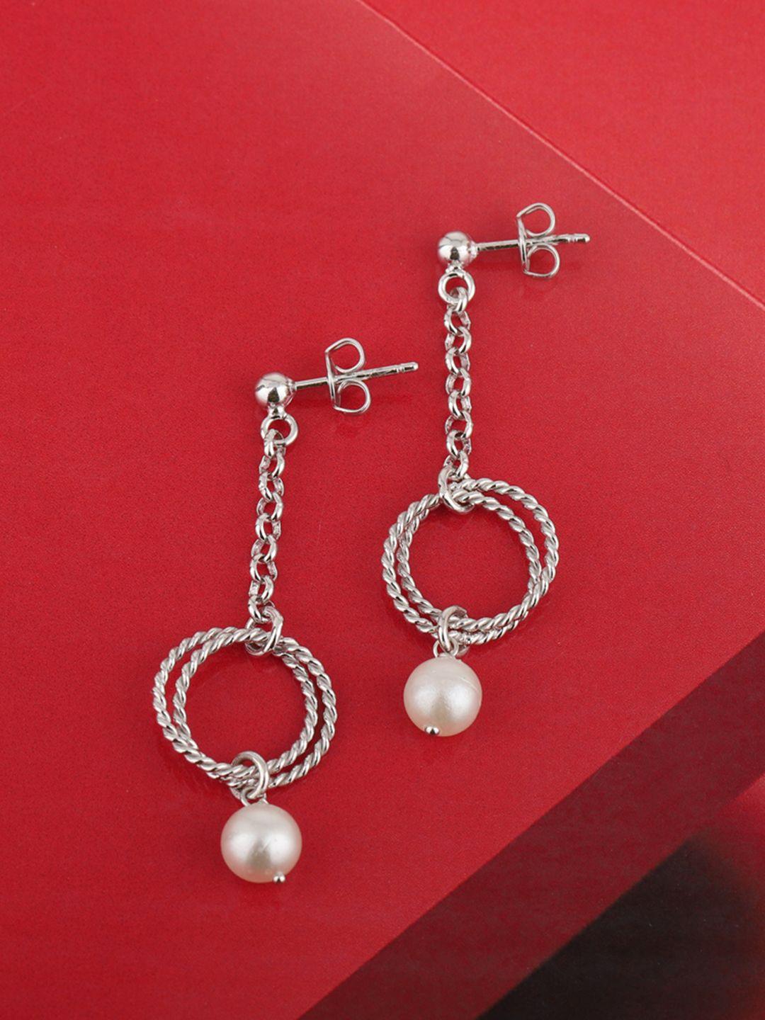 carlton london silver-toned & white rhodium-plated beaded contemporary drop earrings