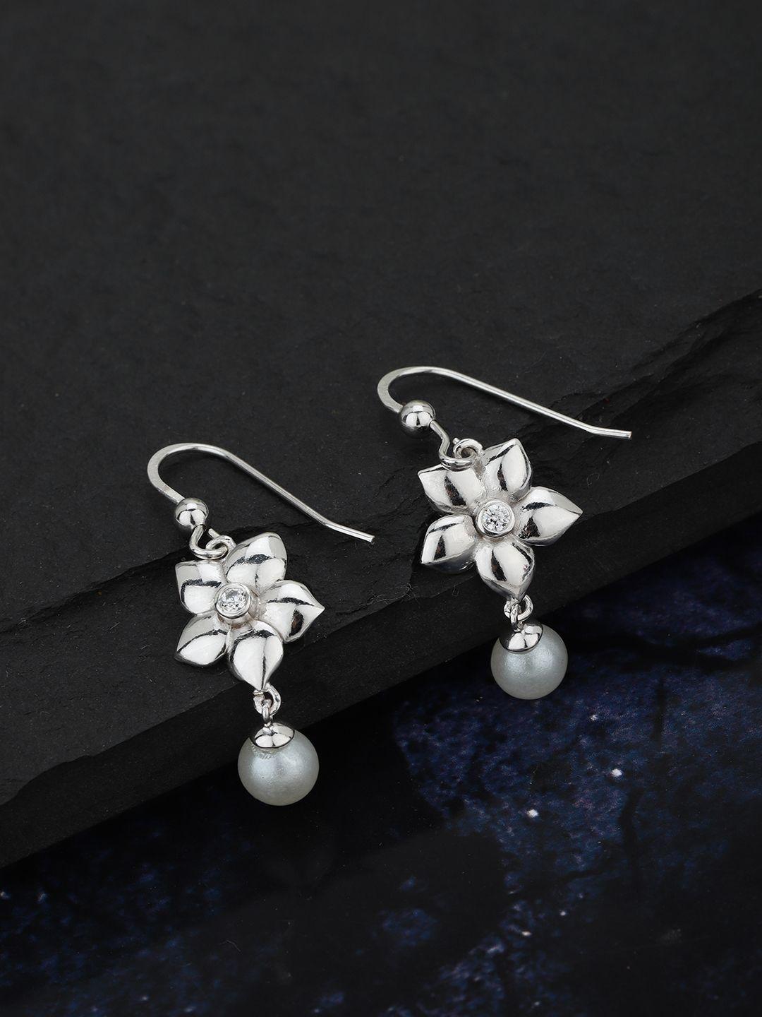 carlton london silver-toned & white rhodium-plated beaded floral drop earrings