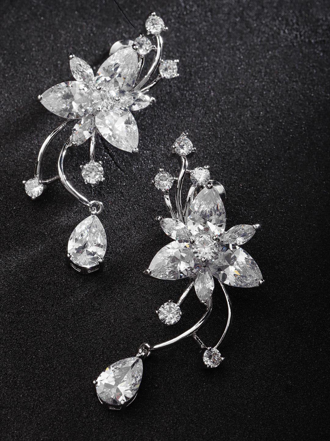 carlton london silver-toned rhodium-plated cz stone-studded floral drop earrings