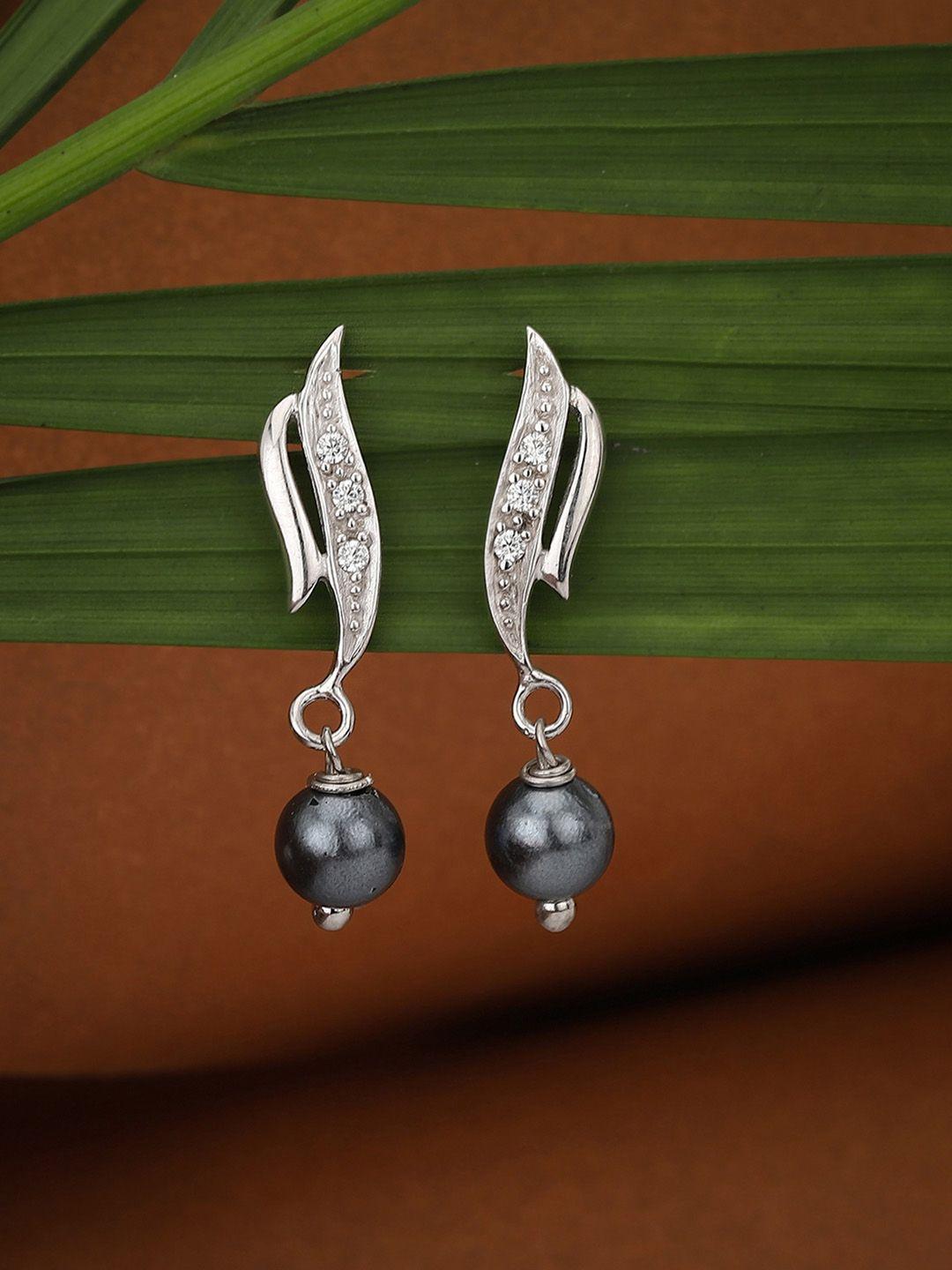 carlton london silver-toned rhodium-plated stone-studded & beaded drop earrings