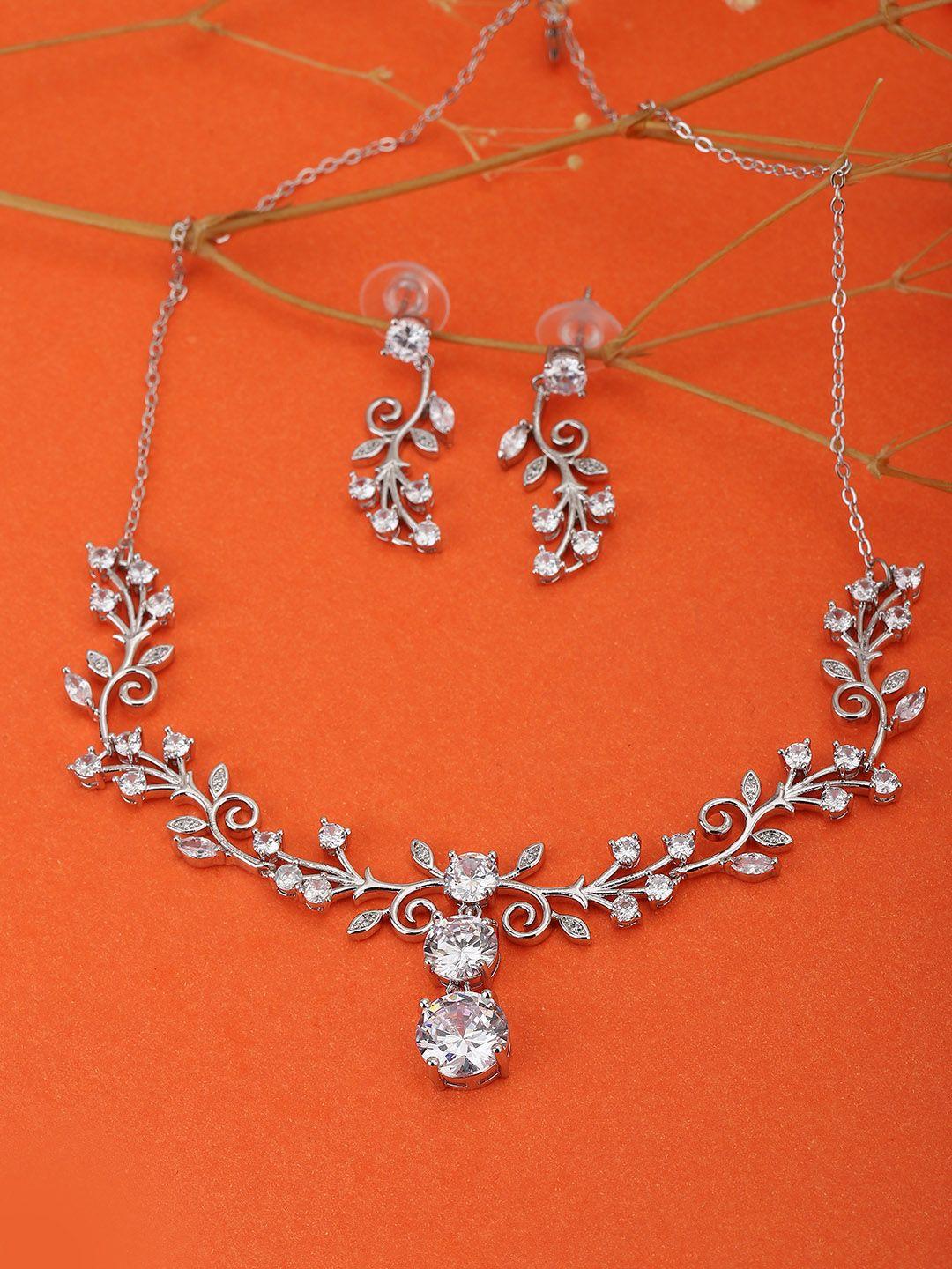 carlton london silver-toned rhodium-plated vine-shape handcrafted cz-studded jewellery set