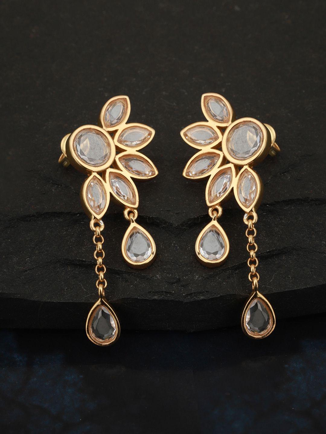 carlton london transparent gold-plated handcrafted stone-studded floral drop earrings