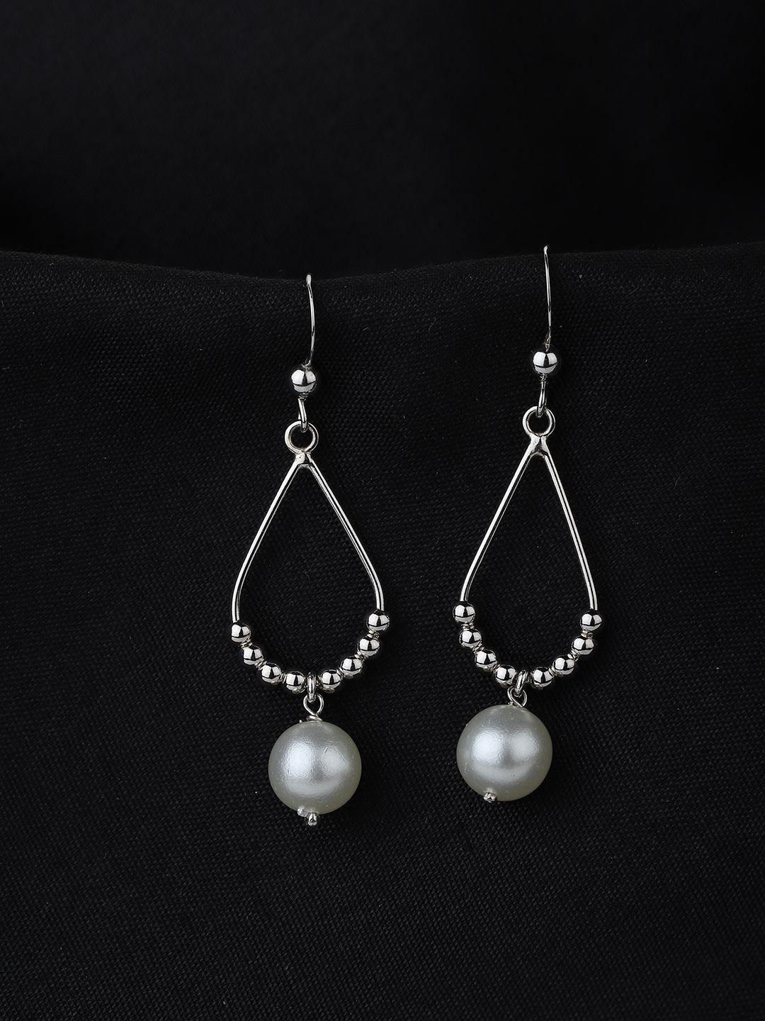 carlton london white rhodium-plated pearl beaded teardrop shaped drop earrings