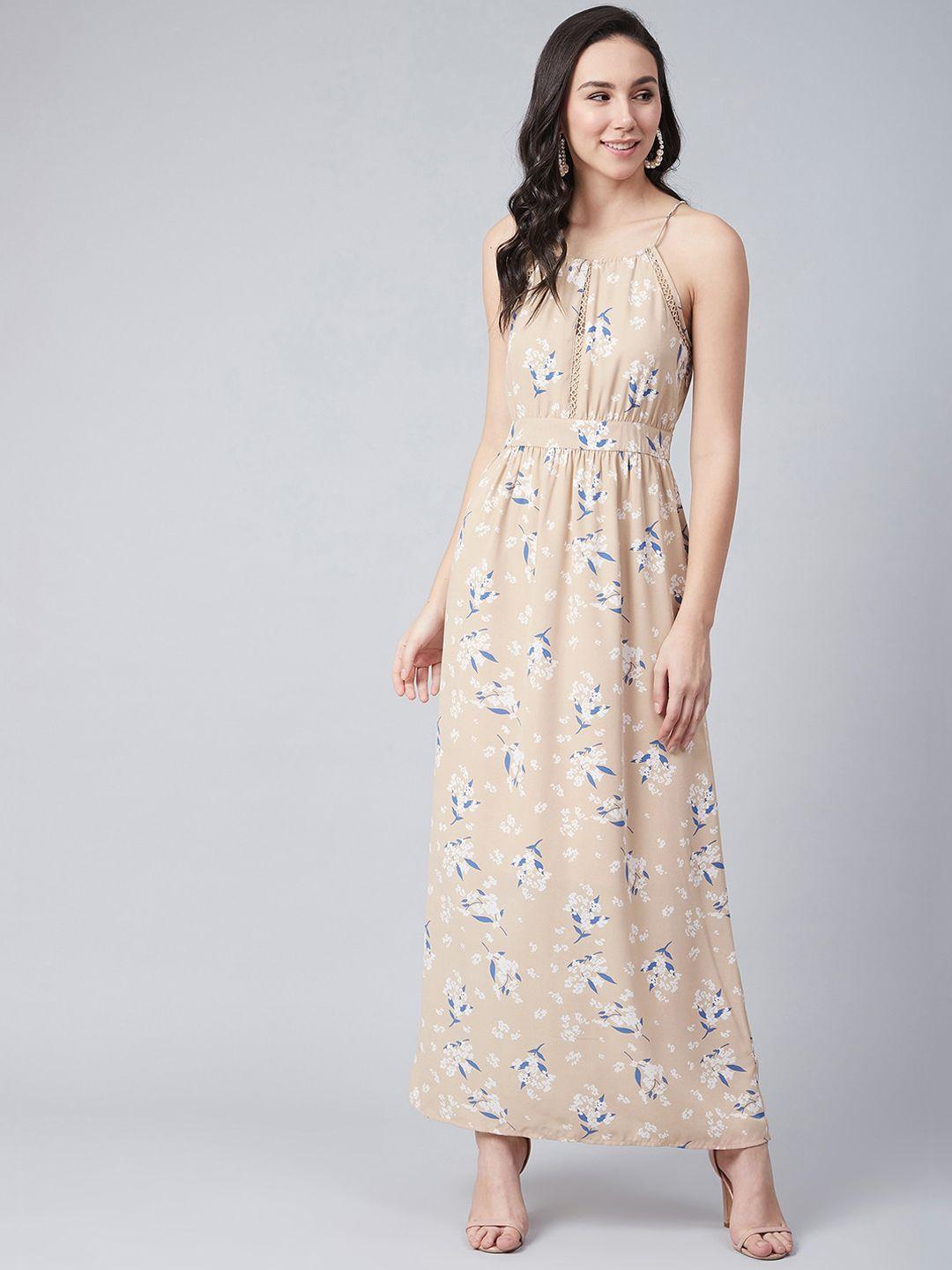 carlton london women beige & blue floral printed maxi dress