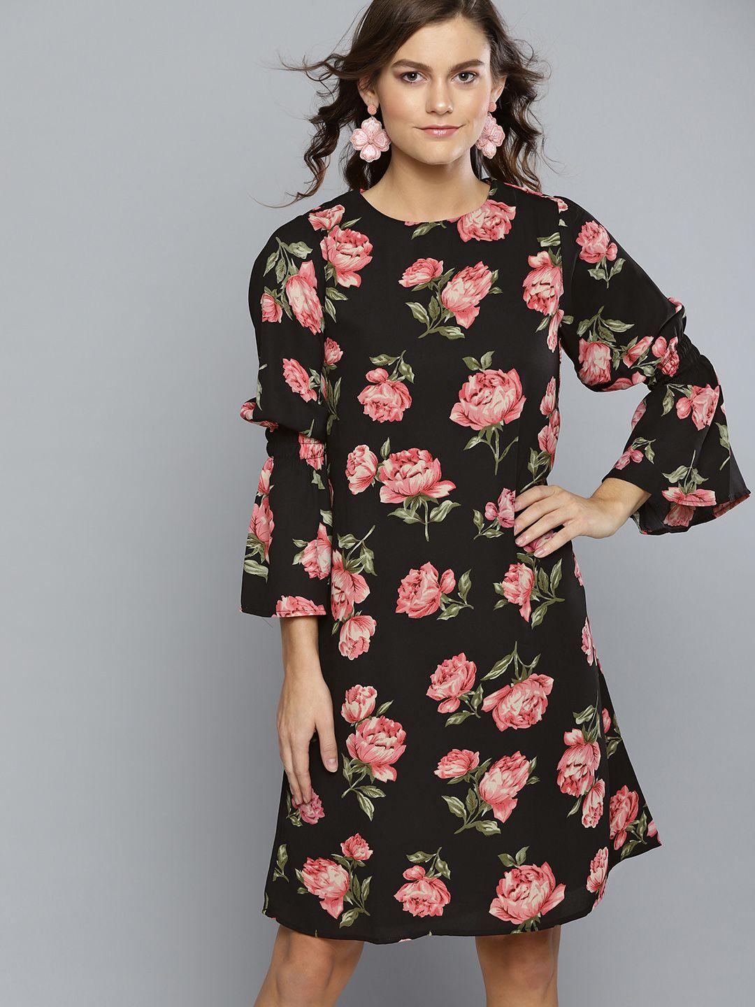 carlton london women black & pink floral printed a-line dress