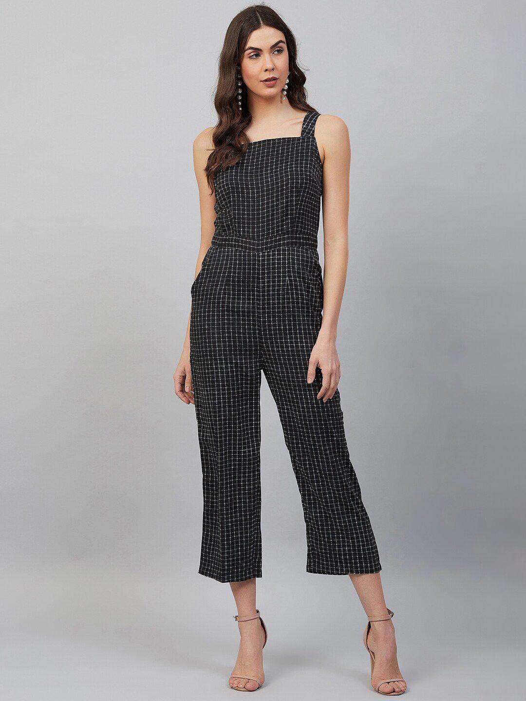 carlton london women black & white checked basic cotton jumpsuit