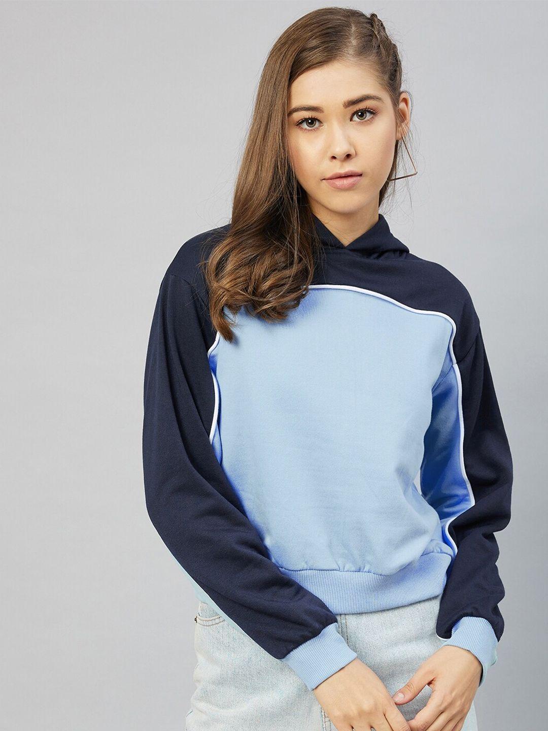 carlton london women blue colourblocked hooded sweatshirt