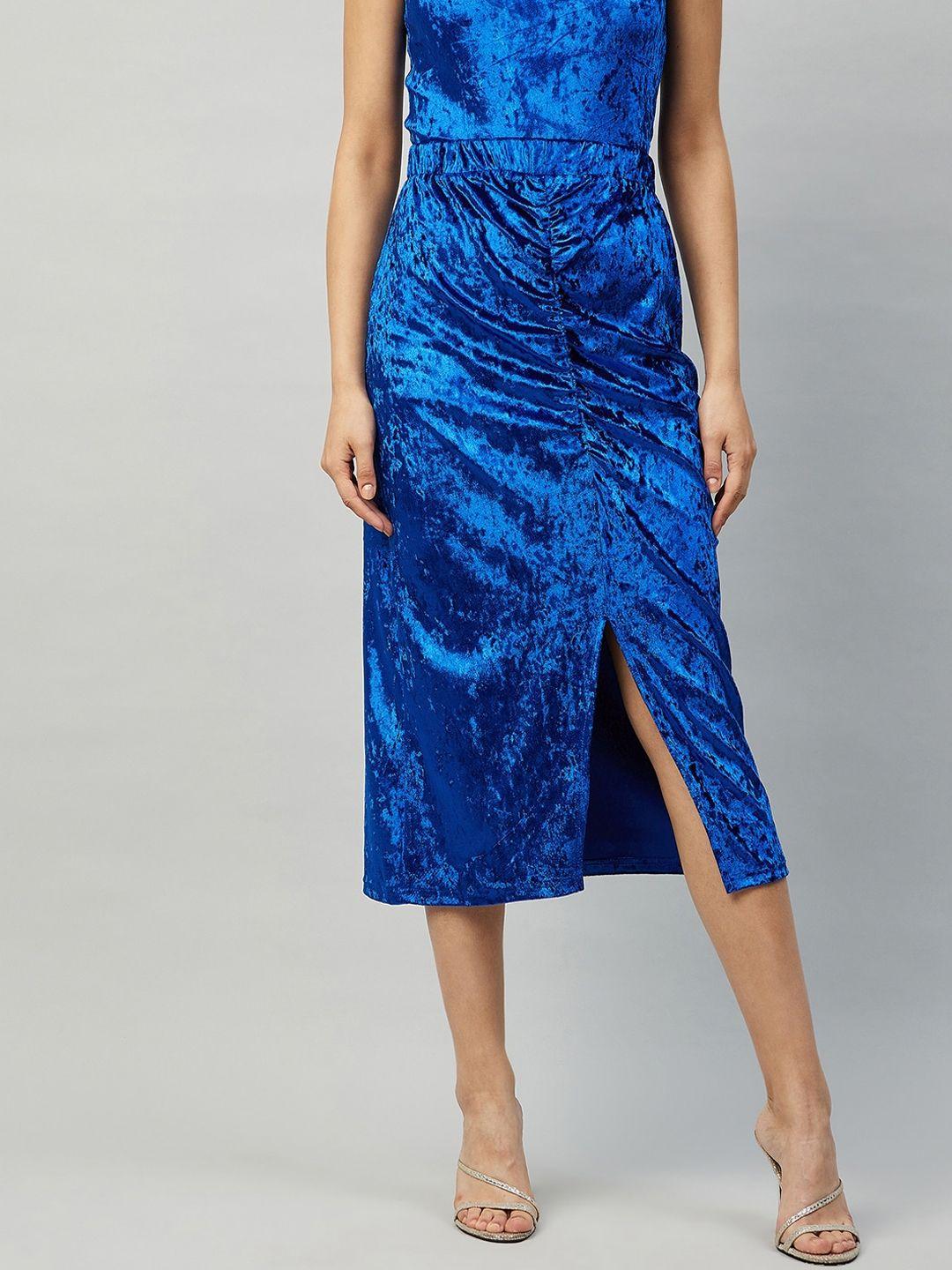 carlton london women blue solid midi pencil skirt