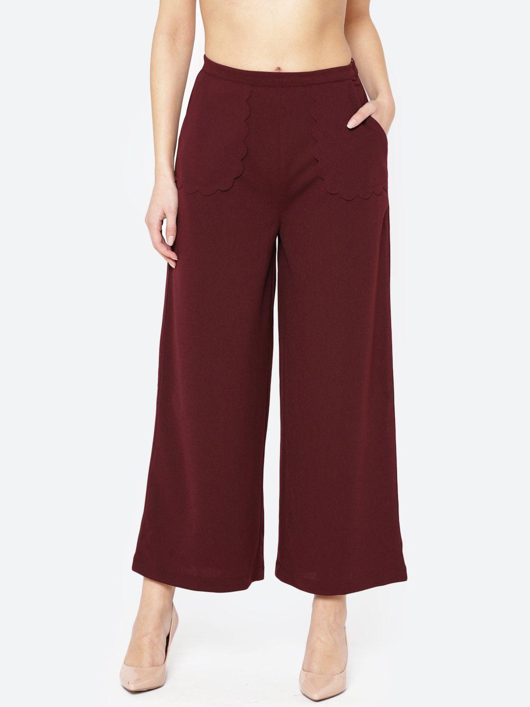 carlton london women burgundy straight fit solid parallel trousers