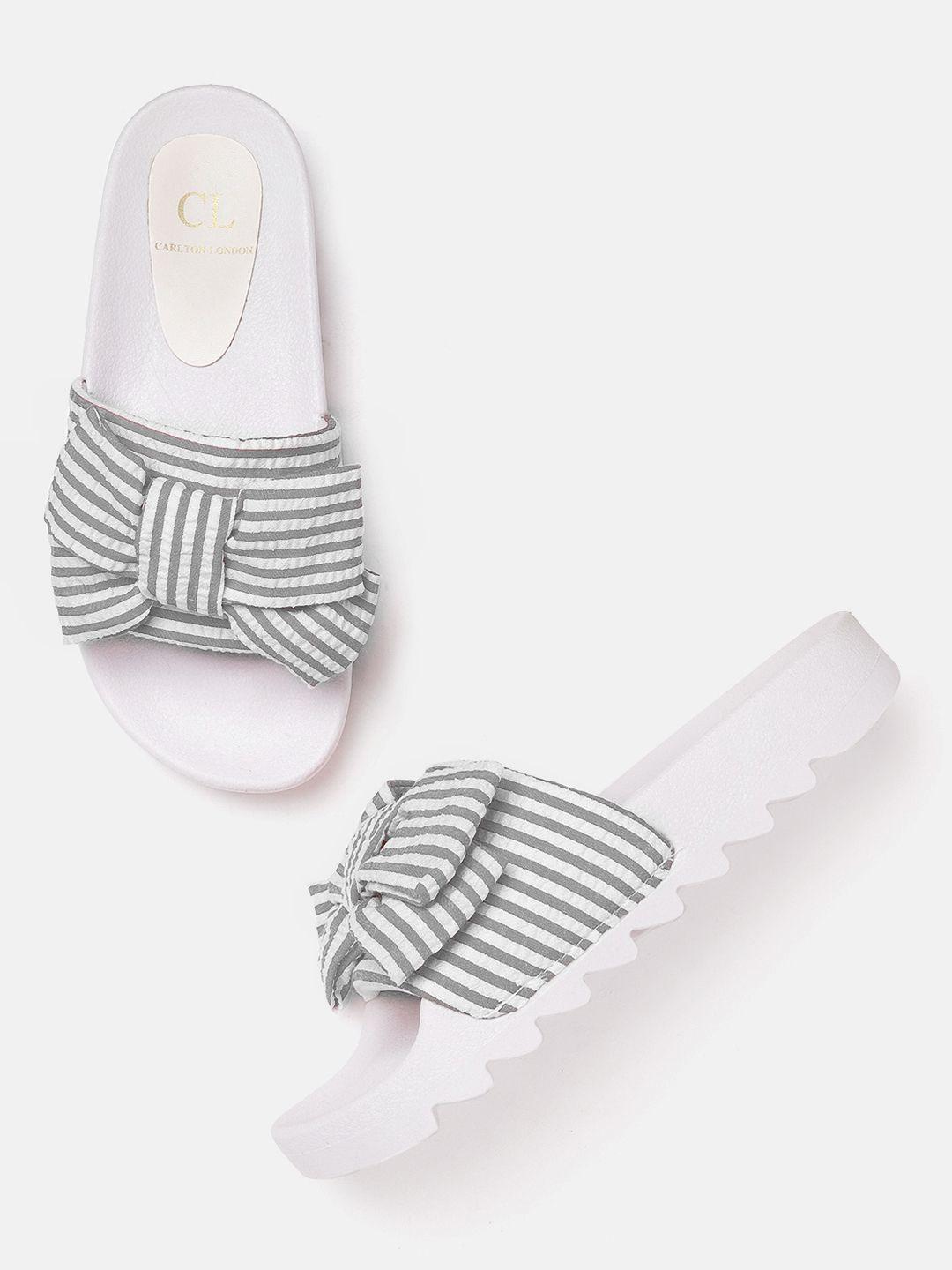 carlton london women charcoal grey & white striped open toe flats with bow detail