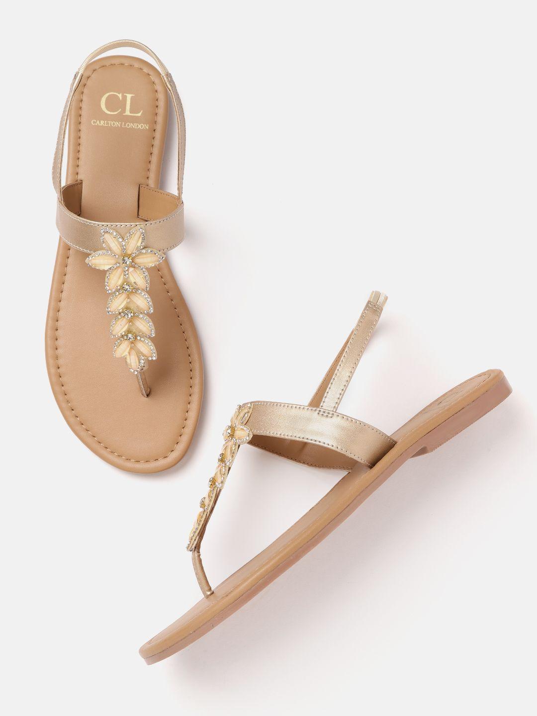 carlton london women gold-toned & cream-coloured floral embellished t-strap flats