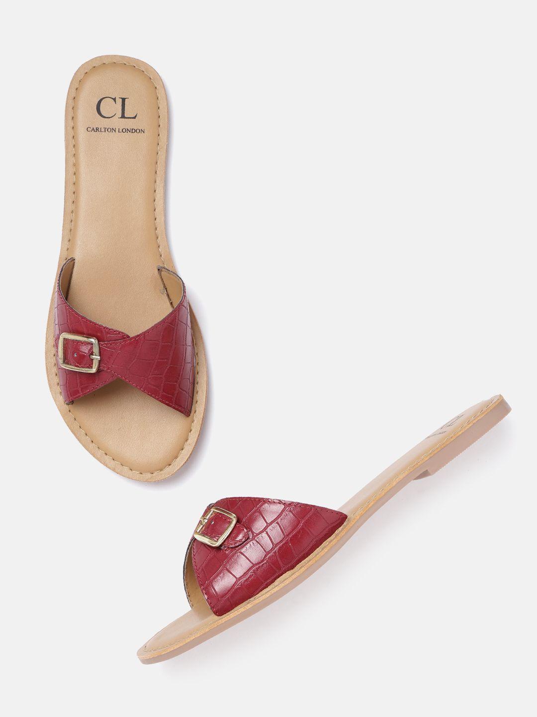 carlton london women maroon croc textured open toe flats with buckle detail
