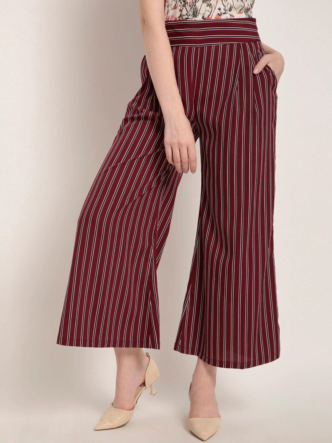 carlton london women maroon striped polyester pleated trousers