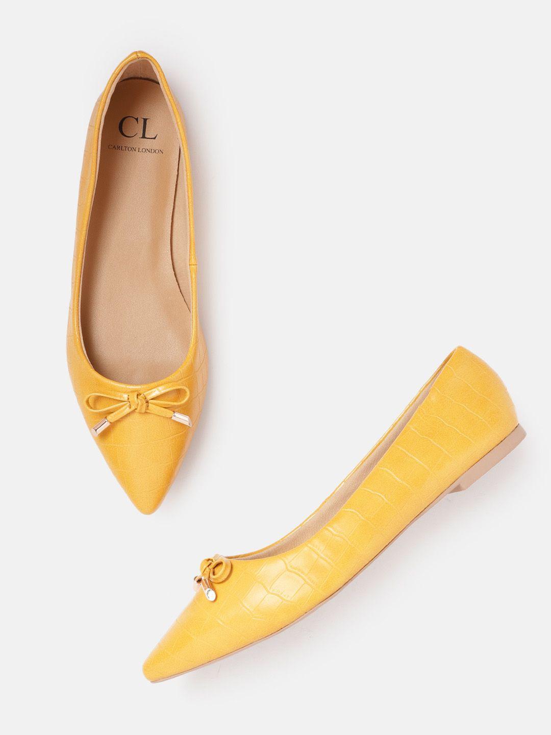 carlton london women mustard yellow croc textured ballerinas with bow detail