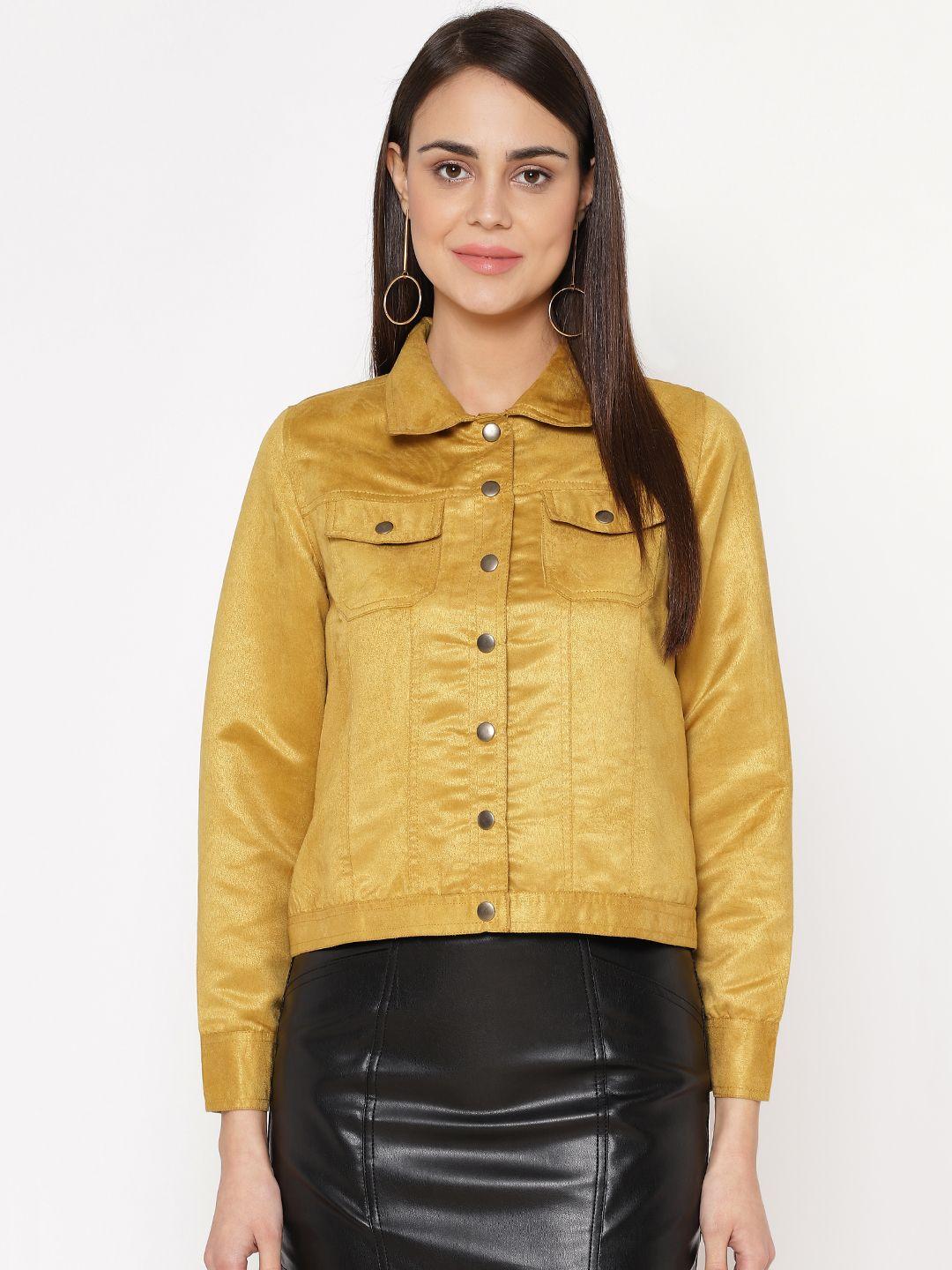 carlton london women mustard yellow solid tailored jacket with suede finish