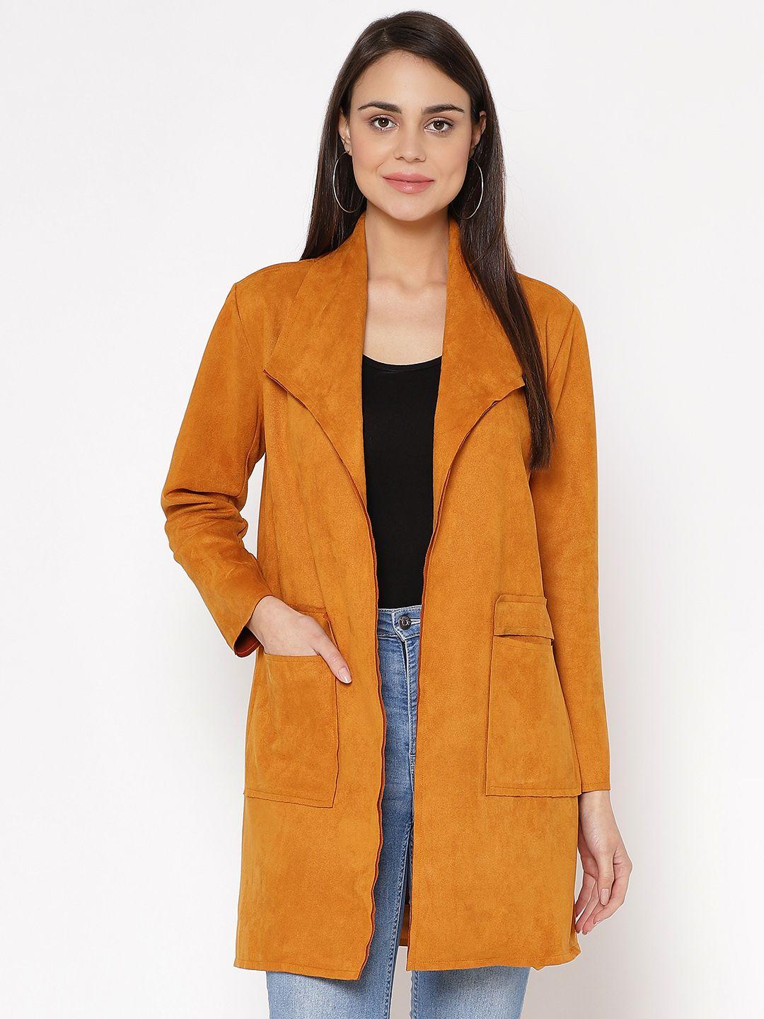 carlton london women mustard yellow suede solid open front longline jacket