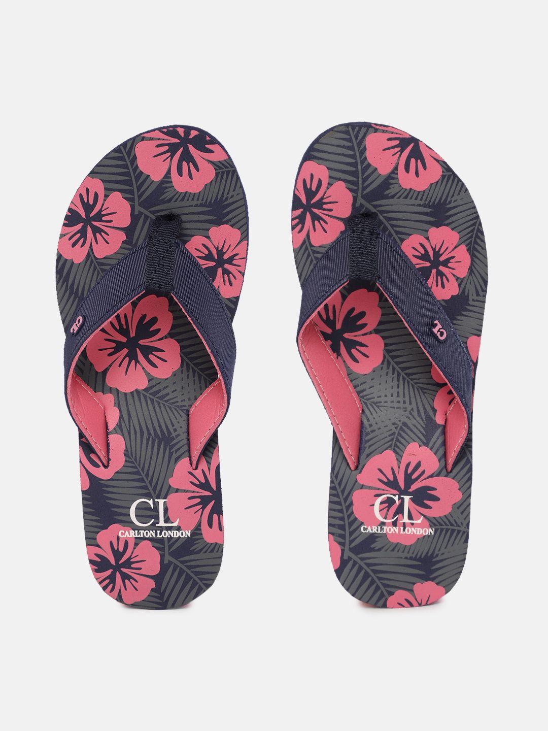 carlton london women navy blue & pink floral print thong flip-flops