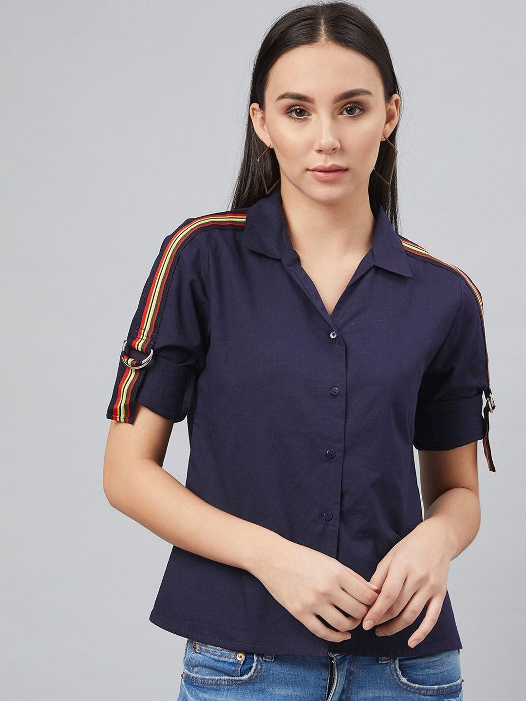 carlton london women navy blue regular fit solid casual shirt