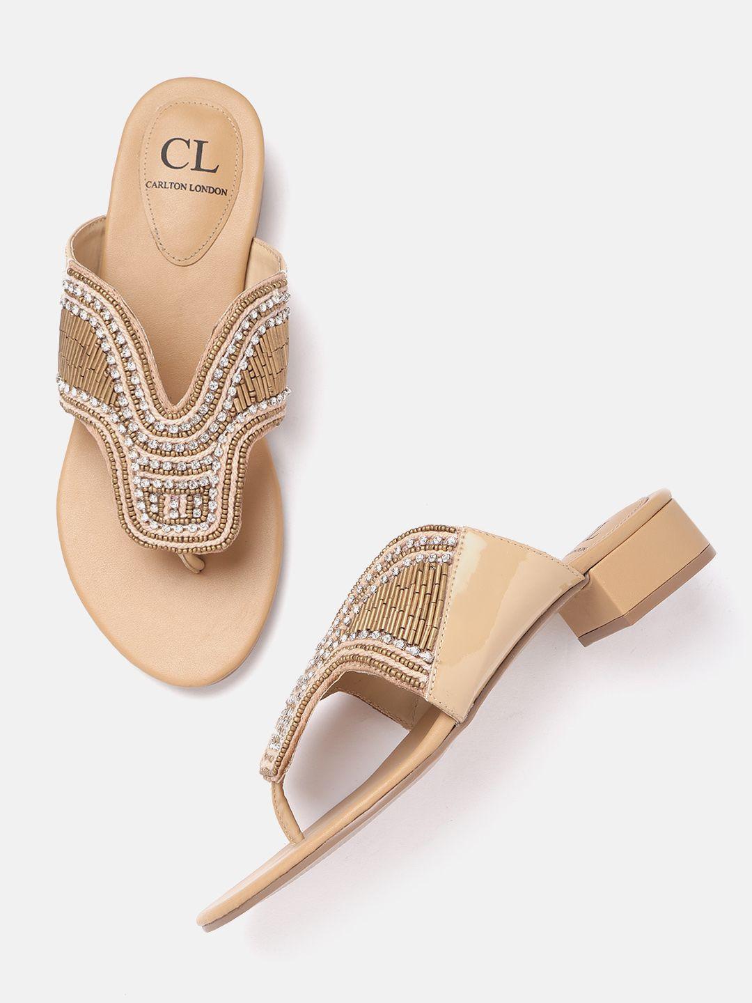 carlton london women nude-coloured & gold-toned embellished open toe flats