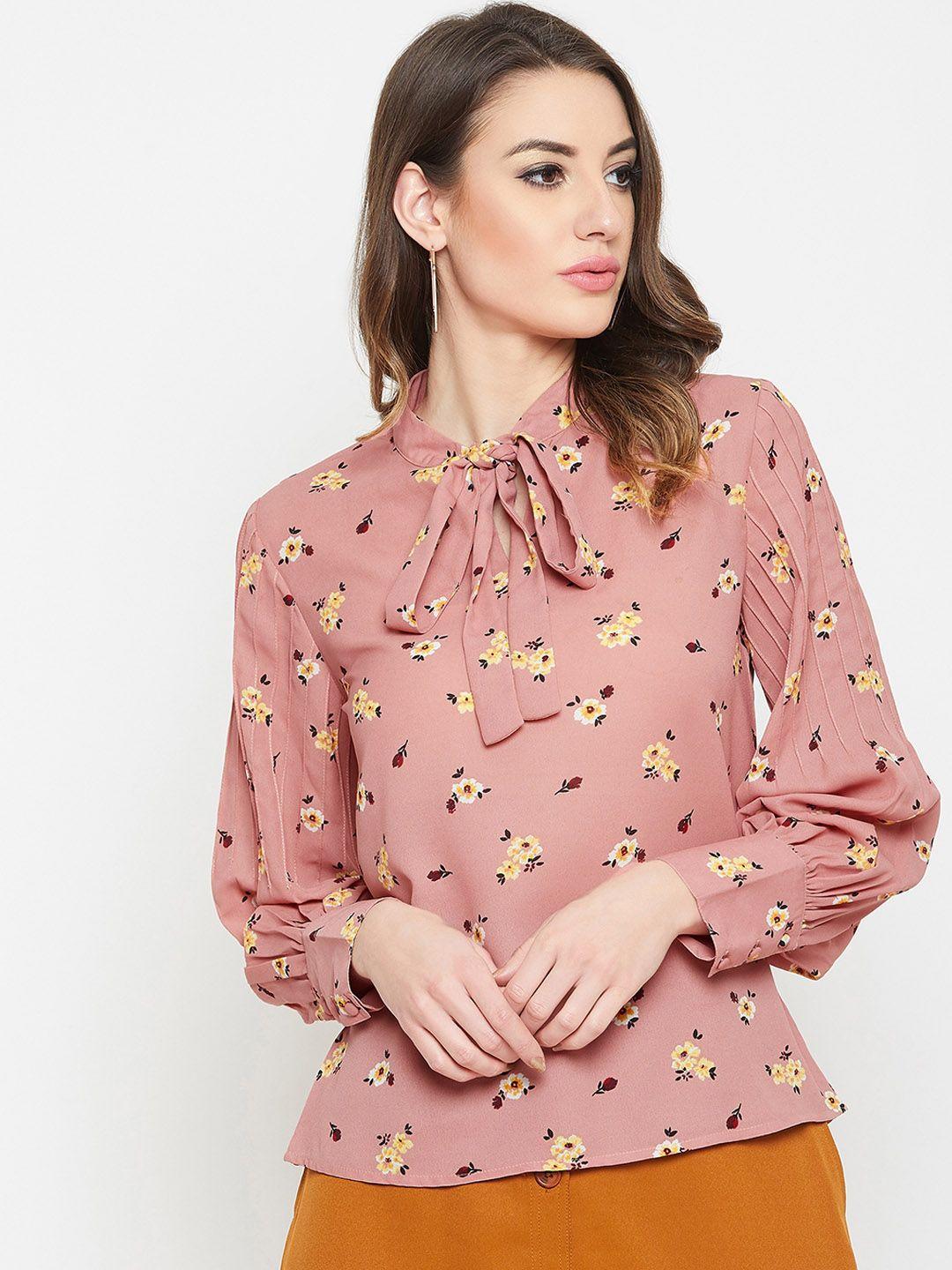 carlton london women pink printed regular top with tie-up detailed