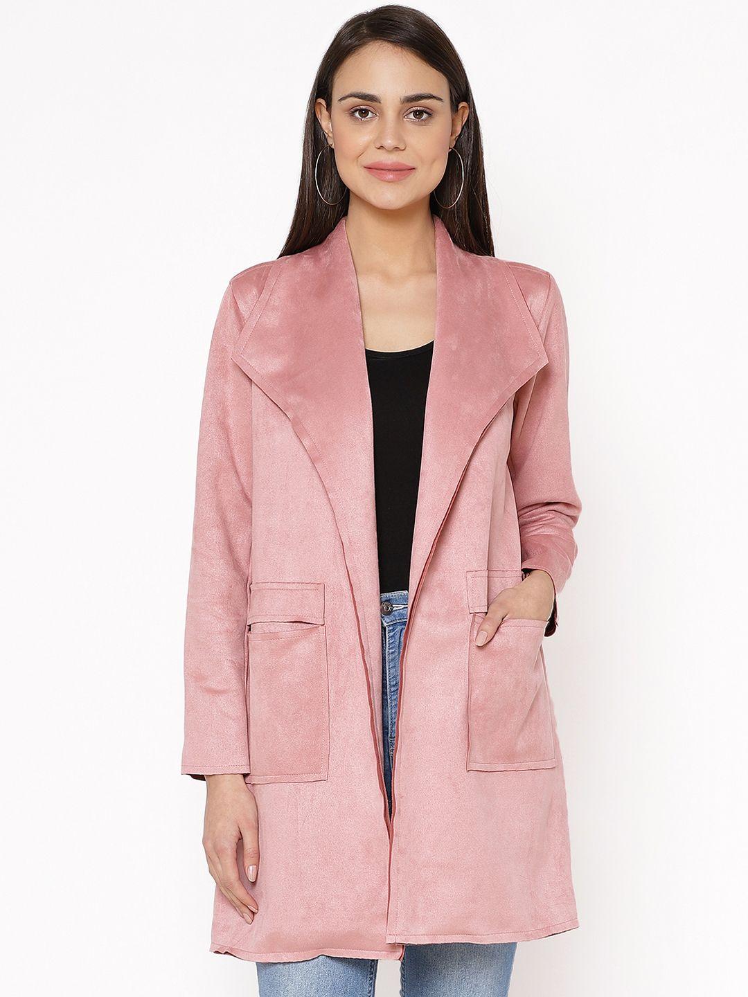 carlton london women pink suede solid open front longline jacket