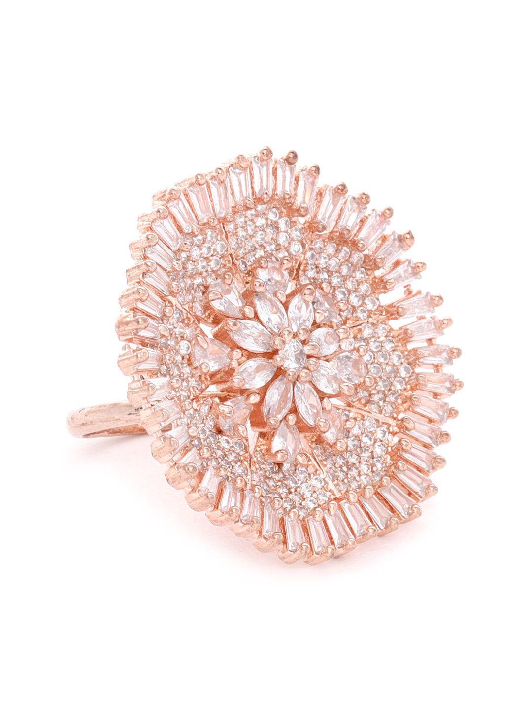 carlton london women rose gold-plated cz-studded floral-shaped handcrafted finger ring